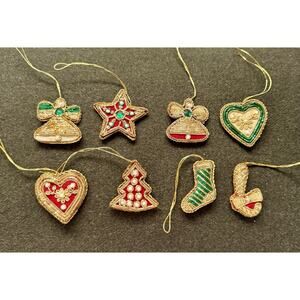 8 Vintage Christmas Ornaments, Velvet Beaded Pearls Holiday 2”